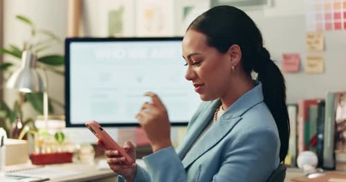 Cellphone, communication and businesswoman in office typing a text message on social media