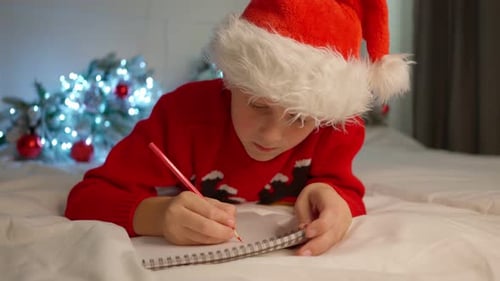 Cute Boy escreve carta para o Papai Noel se preparando para o Natal Lista de desejos do Milagre de Natal Criança mentindo