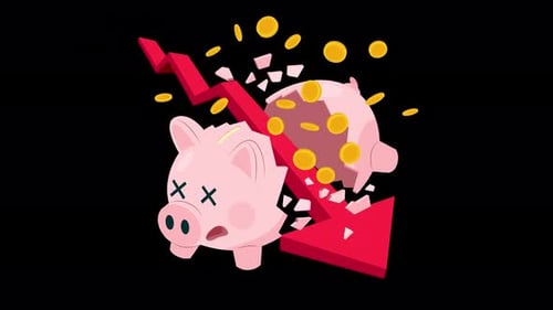 piglet piggy bank pierced by an arrow, economic crisis, bankruptcy animation 4k on alpha channel