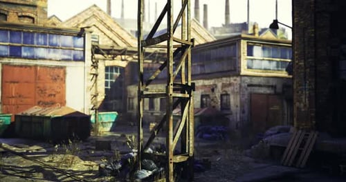 Urban Decay in an Abandoned Industrial Area with Overgrown Vegetation