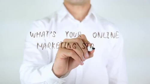 What's Your Online Marketing Strategy Man Writing on Glass
