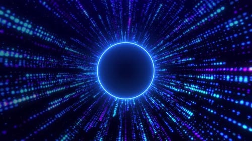 Digital futuristic tunnel or travel through time and space at high speed by moving bright neon