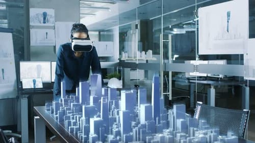 Man with VR Headset Interacts with Digital City