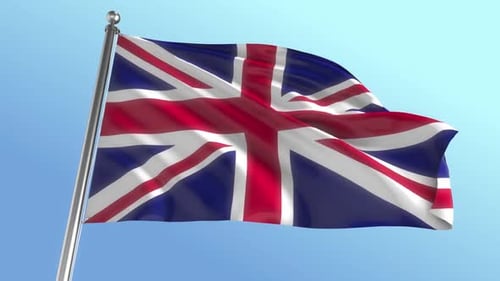 Realistic 3D United Kingdom Flag Waving in Blue Sky