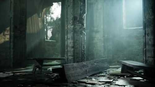 Abandoned Church With Benches and Light Beaming Through Windows