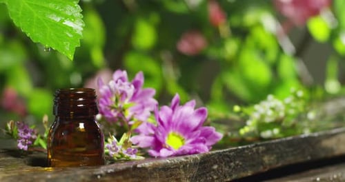 cinemagrafia de óleos essenciais com gotas de água, aromas e aromas em aromaterapia para bem-estar e