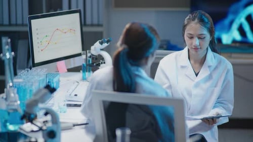 Scientists working test in laboratory for research on pharmacy for medical for disease and virus