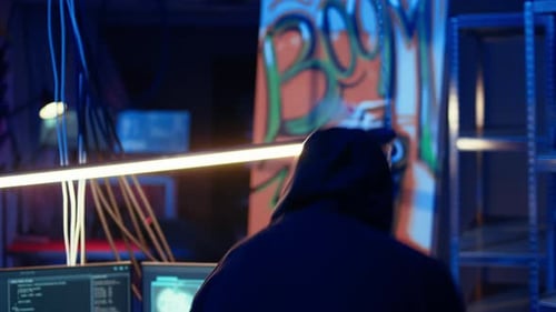 Man in Hoodie Typing on Tablet in Dark Room