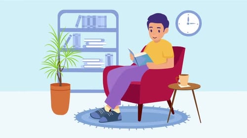 Flat Design Animation of Man Reading Book in Armchair