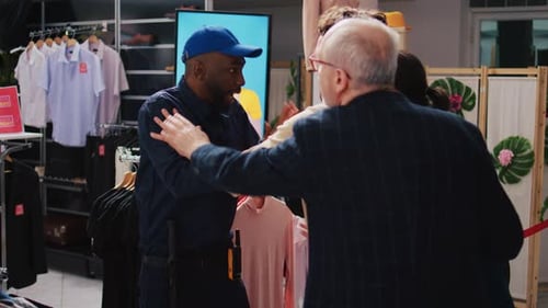 Agitated Customers Arguing with Security Guard in Store