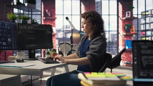 Desarrolladora de software en la oficina de la Agencia codificando en su computadora