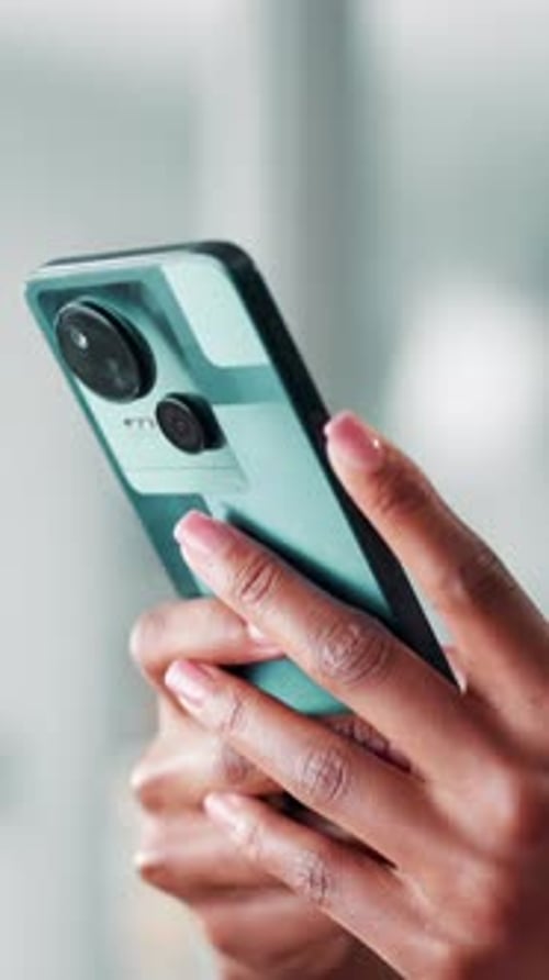 Hands, phone and reading with business person in office for communication or social media