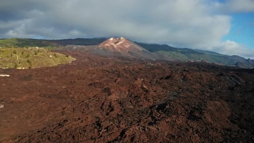 Aerial drone shot over the erupted volcano of Tajogaite in La Palma Island, Canary Islands, Spain. H