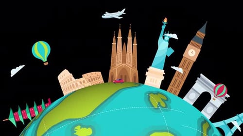 Tourism - travel the world- 7 wonders of the world with alpha channel 4k