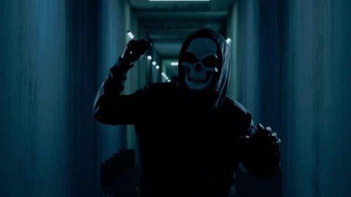 Scary Man Wearing Ghost Mask Holding A Knife While Walking In The Abandoned Hotel, Horror Scene