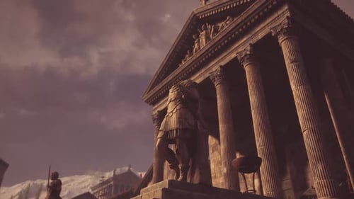 Ancient Temple with Towering Columns Showcases Historic Statue at Sunset