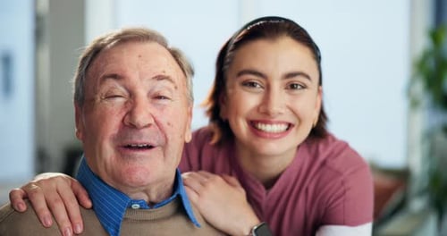 Face, caregiver and elderly person in nursing home, smile or support for patient in assisted living