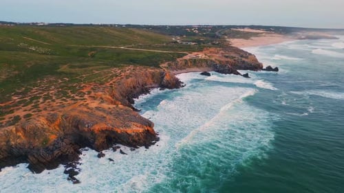 Ocean Waves Splashing Rocky Coast Morning Seascape Aerial Sea Crashing Cliffs