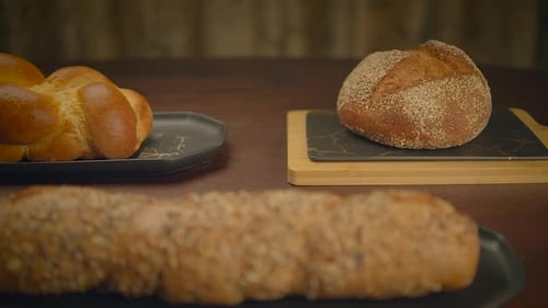 Various breads sit on table