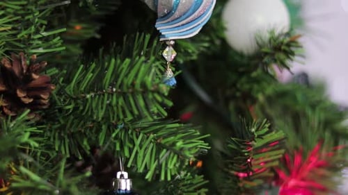 Christmas Tree Decorated with Ornaments Close Up