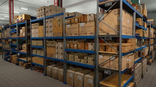 Industrial Warehouse Filled With Storage Boxes Labeled For Shipment