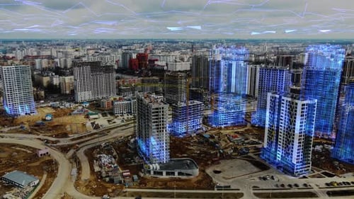 Futuristic construction site with high-rise buildings under development. Holographic 3D models.