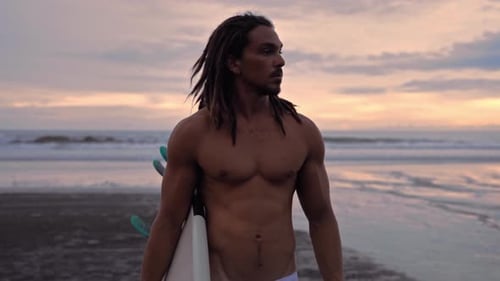 Traveling Man Surfer with Surfboard to Surf at Sea Nature and Ocean Water Waves