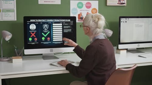 Senior Woman Studying Phone Scams in Computer Literacy Class