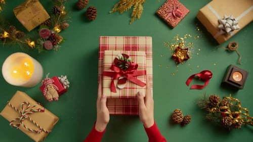 Overhead View Couple Man Man Giving Present to Woman New Year 2024 Close Up Gift