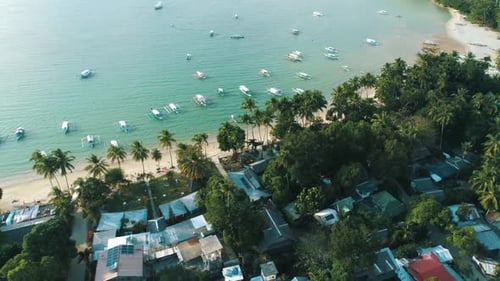 Aerial View of Island with Tropical Sandy Beach and Palm Trees Tourist Boats on Coast Tropical