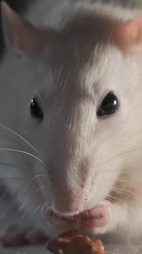 White Rat Eating Food Close-up Portrait