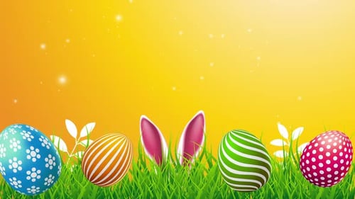 Happy Easter Colorful Painted Egg and Rabbit Ears Yellow Background