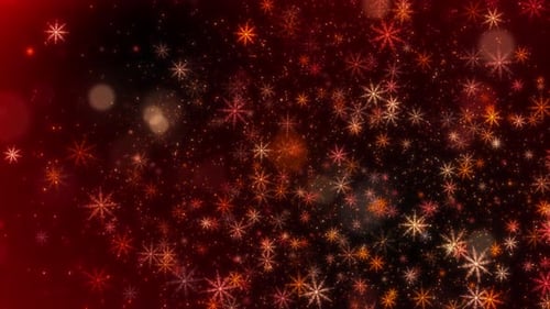 4K Red and Gold Snowflake Background. Festive Winter Particles for Christmas and New Year.