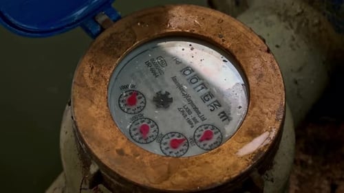 The rotating gears on the water flow counter. Figures measuring the amount of water discharge. Water