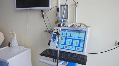 Emergency medical equipment indoors. Empty modern hospital room.