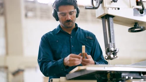 Carpenter Using an Industrial Band Saw to Cut a Piece of Wood
