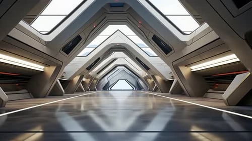 Futuristic interior hallway with triangular arched windows and sleek modern design