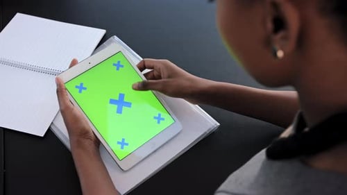 Digital, green screen and chroma key with tablet and black woman for research with technology