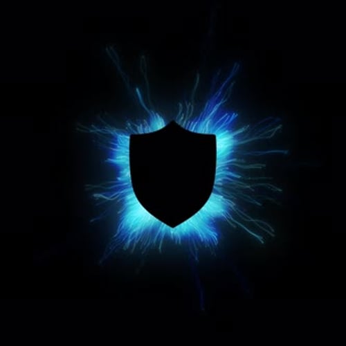 Dynamic motion graphic of black shield surrounded by shimmering blue data streams.