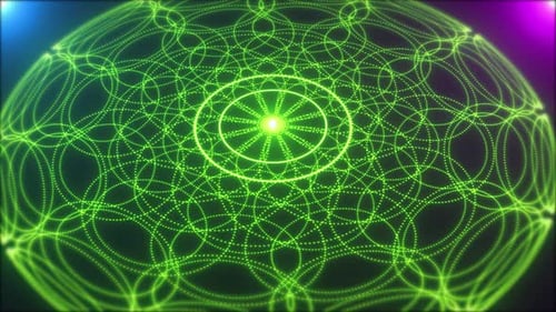 Futuristischer Hightech-Bewegungshintergrund mit grünem Kreis, abstrakte Partikelkreisbewegung mit lila und