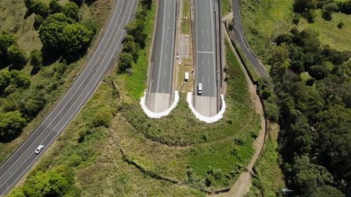 Vue unique de véhicules entrant dans un tunnel autoroutier construit à travers une chaîne de montagnes tropicale.
Haut