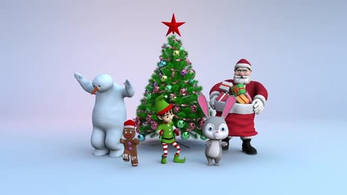 Festive Christmas Characters Dancing Around a Decorated Tree