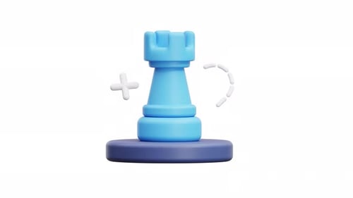 Animated Blue Chess Rook 3D Icon with Floating Elements