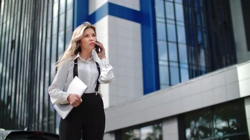 Fashion Blonde Business Woman Discuss Business Work Talking Smartphone Downtown City District