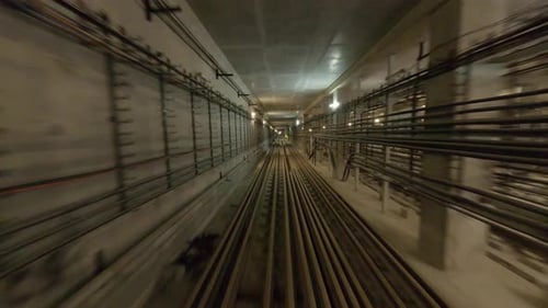 Train in the Moscow subway inside the tunnel. Deep metro tunnel under construction. Underground.