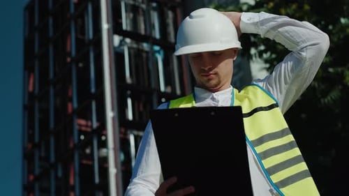 a male architect builder in a white hard hat and a work vest writes data on paper for construction d