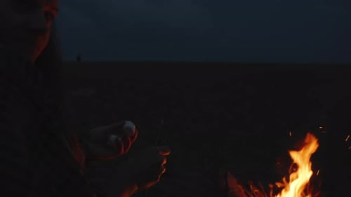 Night picnic on the beach by the sea. A young woman in a plaid, planting marshmallows on a stick. Fi