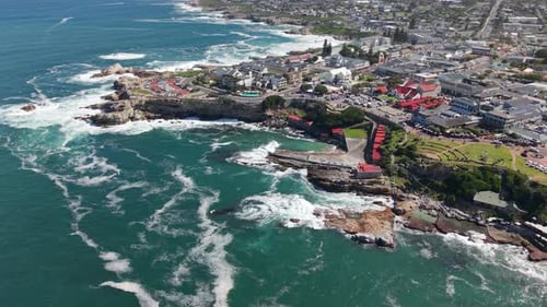 Above View Of Hermanus Coastal Town In The Western Cape, South Africa. Aerial Drone Shot
