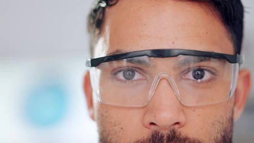 Man in Lab Safety Glasses, Extreme Close Up