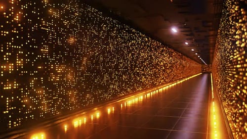 Golden lights shining in modern data center corridor